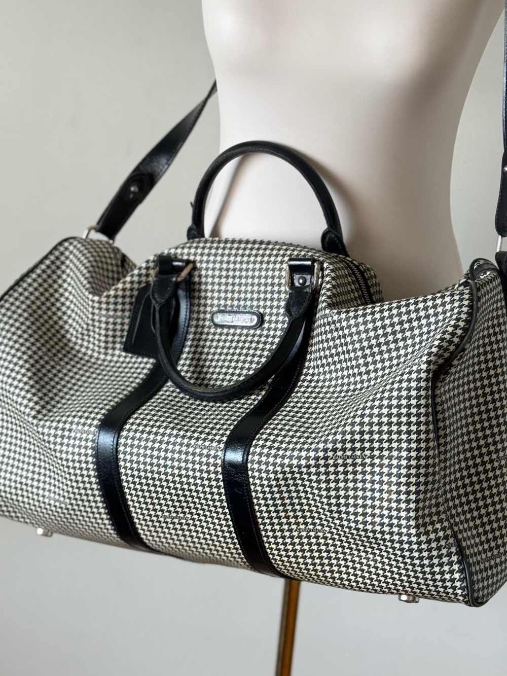 RALPH LAUREN Vintage Black & White Houndstooth Travel Luggage Bag Large